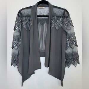 DARLING London size small grey bolero cardigan sheer sequin mesh crochet sleeves